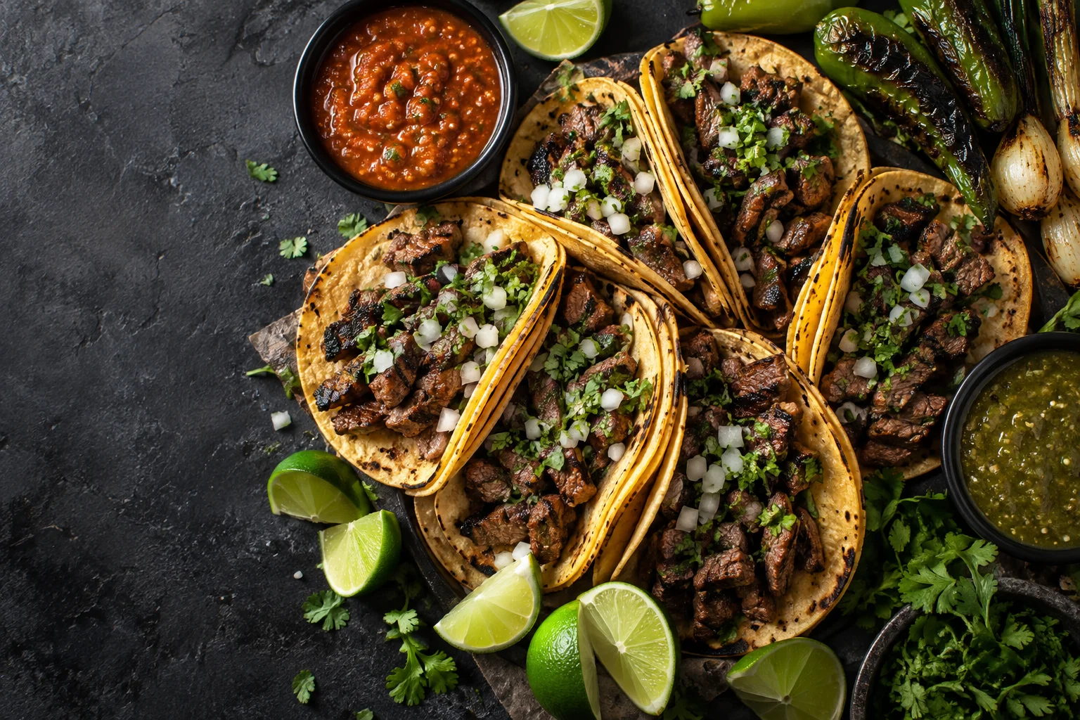 Street tacos with grilled meat, fresh cilantro, salsa and lime